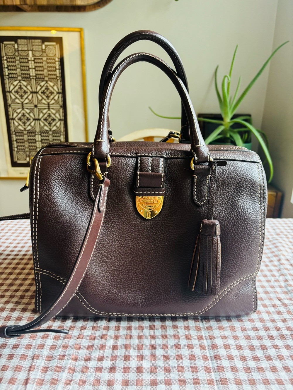 Ralph Lauren (Lauren Ralph Lauren Dark Brown Leather Satchel Purse withTassel